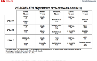 Fechas y horarios correspondientes a los exámenes de la prueba extraordinaria de 2º de Bachillerato