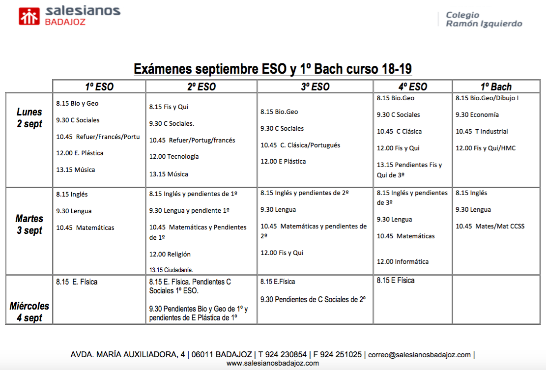 Fechas y horarios correspondientes a los exámenes de septiembre de ESO y 1º de Bachillerato