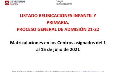 Listado de reubicaciones Infantil y Primaria Admisión 21-22